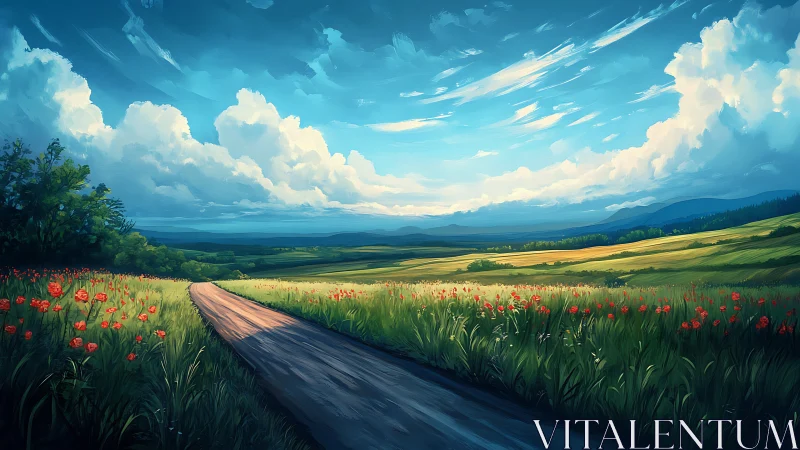 Country road winds through sunlit fields beneath vast sky.