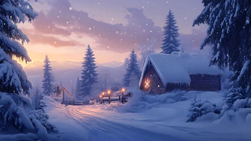 Snow covered cabin at dusk in quiet winter forest scene.