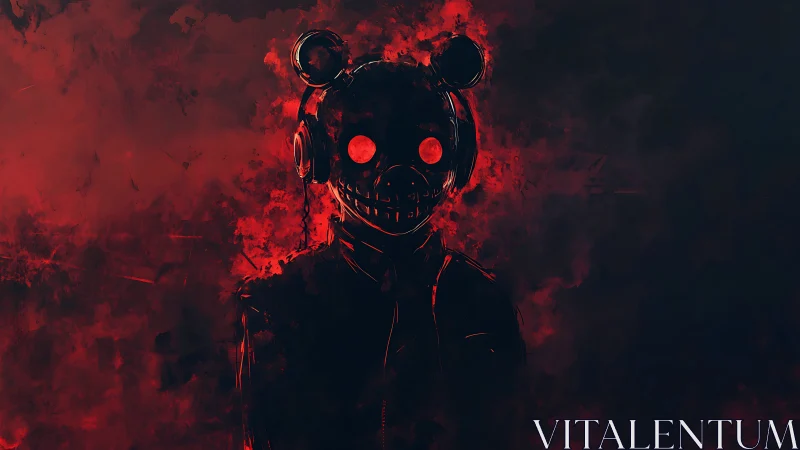 Silhouetted figure in mouse helmet amid red abstract field.