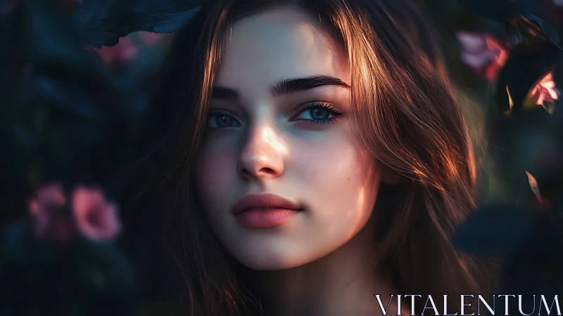 Sunlit garden muse framed by twilight blossoms and shadowed leaves.