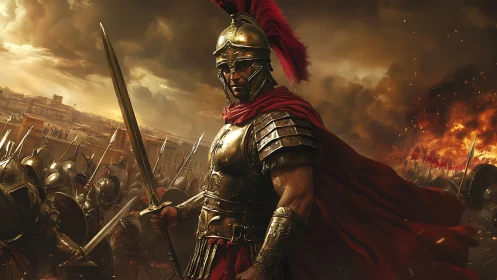 Roman legion commander in ornate armor amid burning siege.
