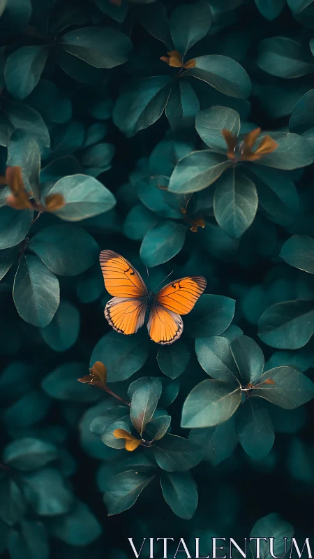 Isolated orange butterfly rests sharply focused amid teal foliage