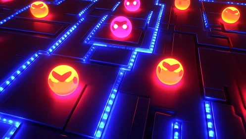 Neon emoji spheres hover over glowing blue circuit grid.