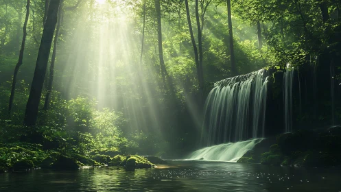 Waterfall cascades through ancient forest with god rays.