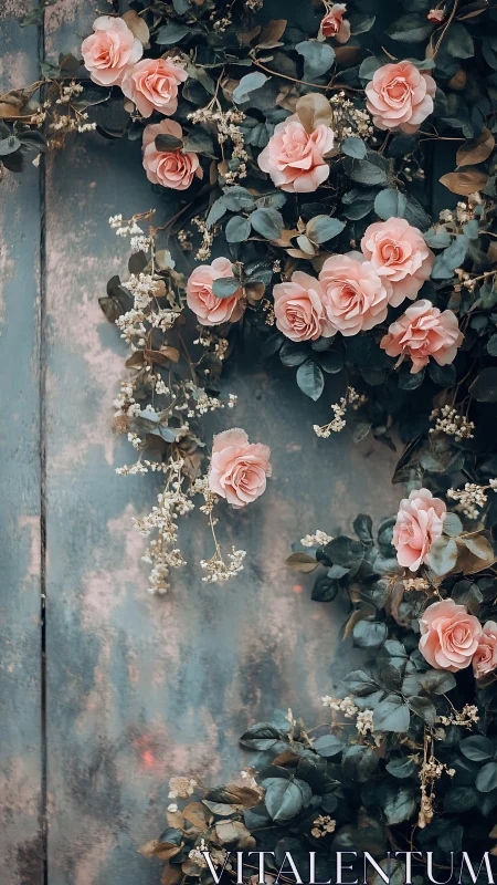 Pink roses with eucalyptus on weathered teal surface