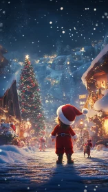 Tiny Santa wanders a storybook village of snowlit wishes.