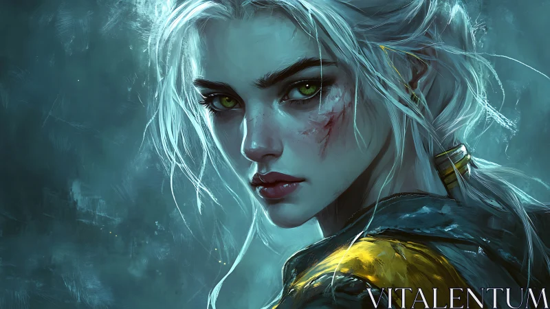 Scarred silver haired warrior holds defiant gaze in teal haze