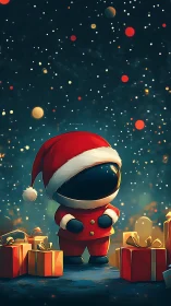 Astronaut Santa stands among glowing cosmic gifts.