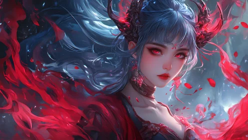 Enchanting horned sorceress wrapped in swirling crimson magic.