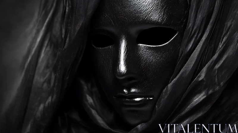 Obsidian theatrical mask wrapped in shadowed translucent drapery.