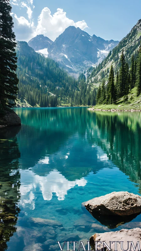 Mountain lake reflects pine forest slopes and rocky peaks