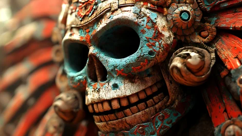 Ornate turquoise and red skull mask rendered in close detail