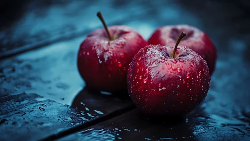 Three wet red apples on dark wooden surface in close-up.