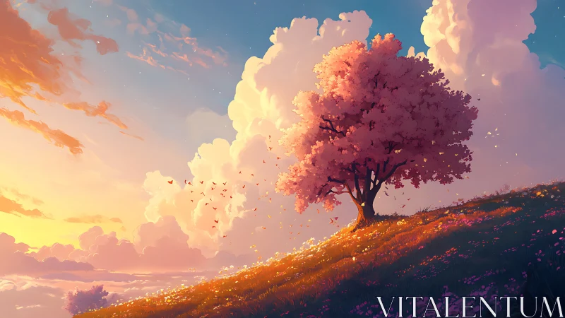 Sunlit blossom tree on radiant hillside digital painting.