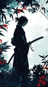 Lone samurai stands in moonlit garden of crimson blossoms
