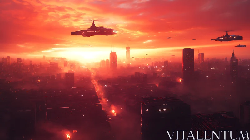 Burning sky over invaded futuristic metropolis at dusk.