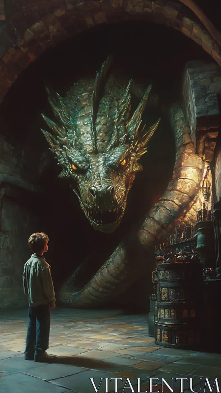 Boy faces enormous dragon head in dim stone chamber