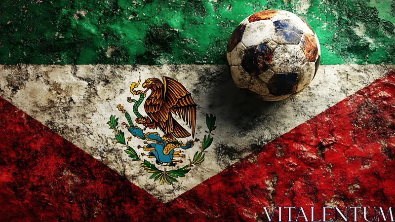 Weathered Mexican flag and soccer ball celebrating passion.