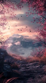 Twilight mountain trail framed by luminous cherry blossoms.