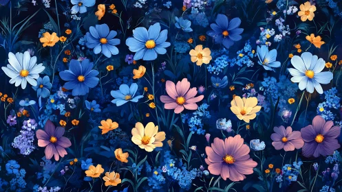 Floral arrangement with cosmos and daisy flowers on dark background