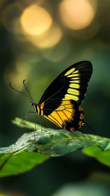 Yellow black butterfly resting on leaf in soft bokeh light.