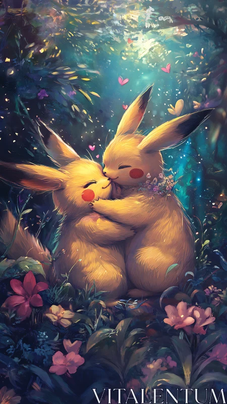 Romantic Pikachu couple cuddle in glowing forest garden.