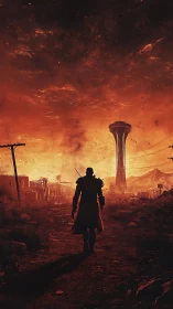 Lone armored wanderer heading toward burning future city.