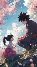 Anime pastoral scene under cherry blossoms, dynamic composition.