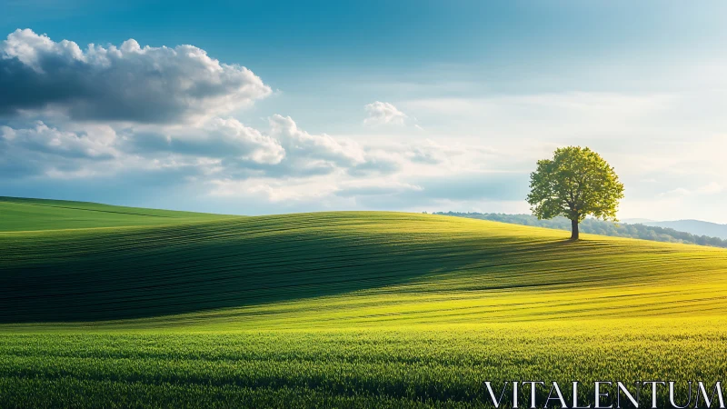 Lone hillside tree conducts sunlight across rolling fields