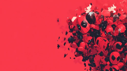 Crimson masks collide in a chaotic antihero bloom of mayhem.