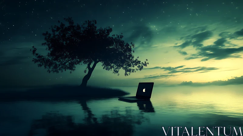 Lone laptop glows beside a dreamlike lake at twilight