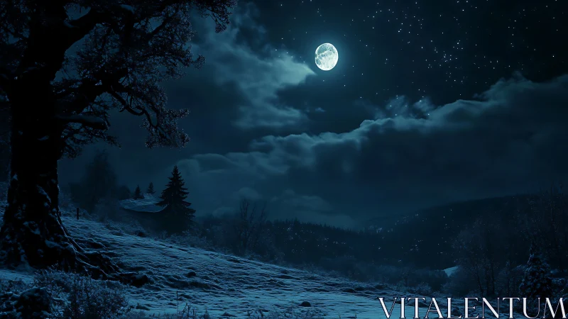 Winter hillside under full moon and distant forested ridge.