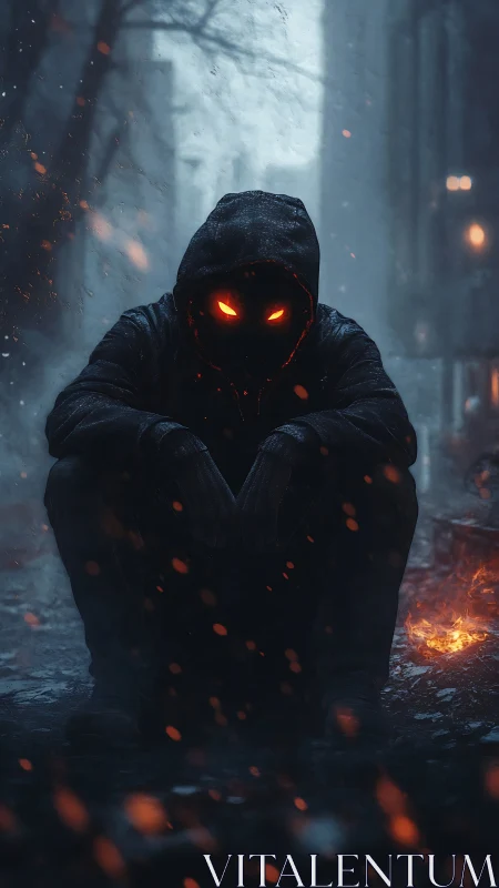 Hooded ember‑eyed figure in burning winter alleyway dusk.
