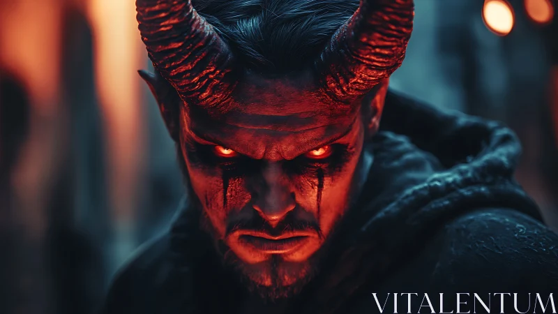 Demonic horned figure in infernal red rim lighting portrait.