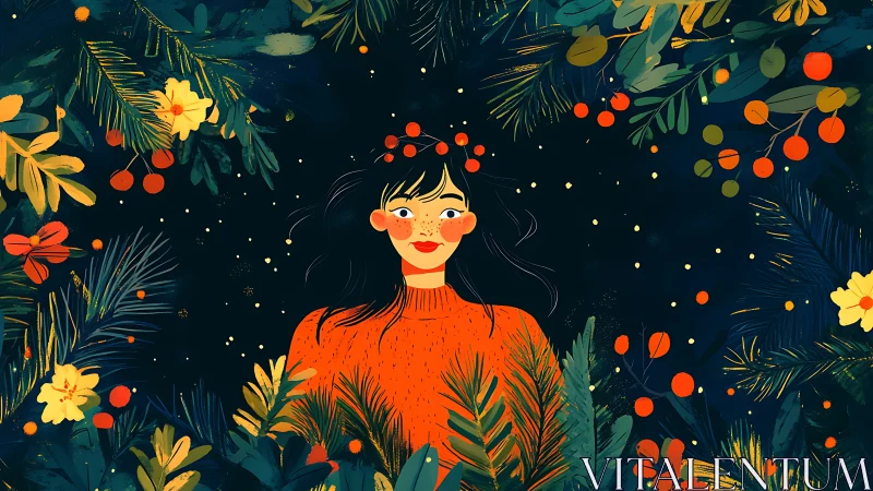 Woman in red sweater framed by lush winter foliage.