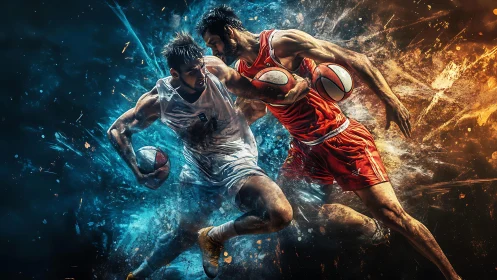 Dynamic basketball clash explodes in blue and orange energy