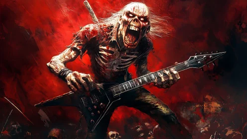 Undead metal guitarist shredding in infernal red storm.