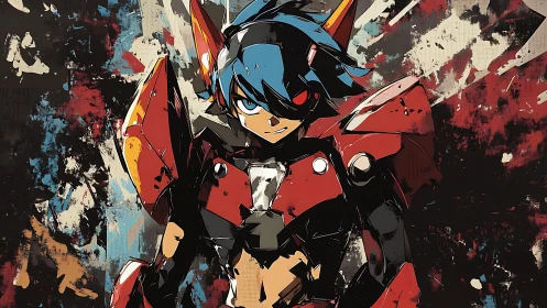 Armored anime warrior dominates abstract grunge battlefield