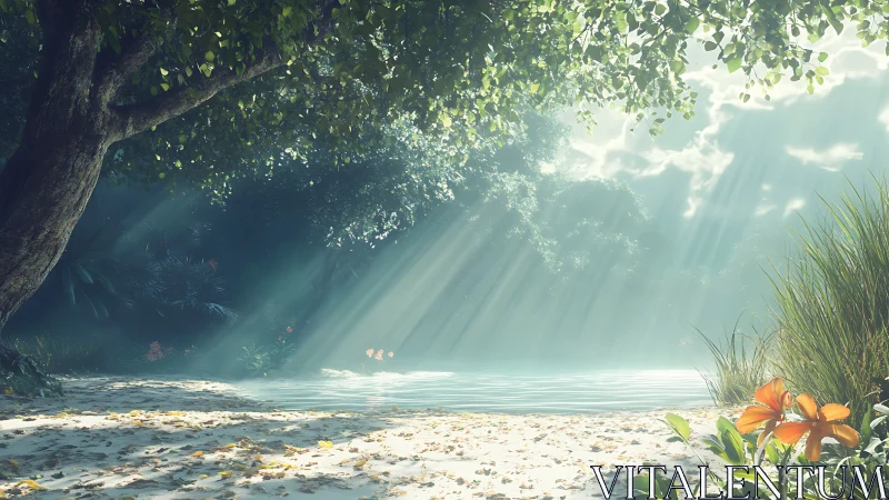 Sunlit forest lagoon glows under soft morning rays.