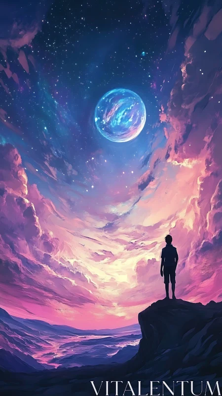 Silhouette on cliff under glowing planet and starry sky.