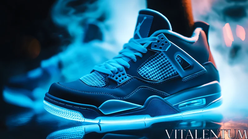Neon-lit sneaker glows against cinematic vapor haze at night