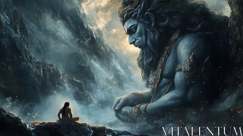 Colossal blue deity confronting lone meditating wanderer in gorge
