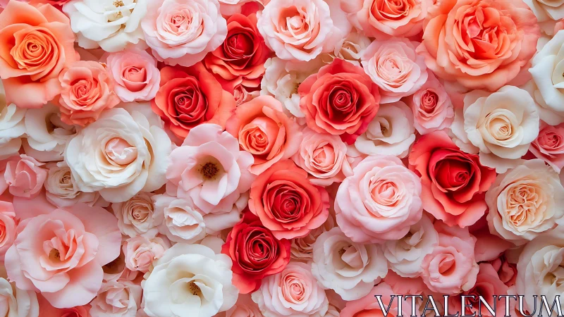 Densely Layered Rose Arrangement in Pink, Red, and Cream Tones.