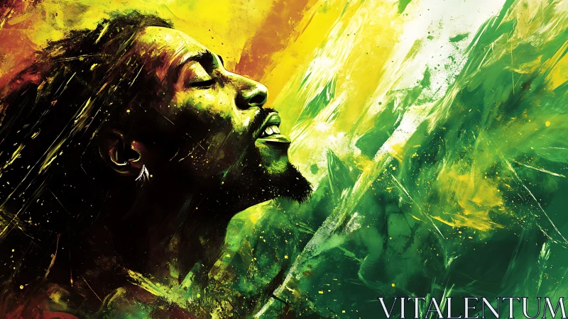 Vibrant digital portrait in green and yellow motion storm.