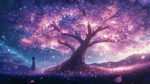 Celestial Sakura Radiance with Solitary Silhouette, Anime Style.