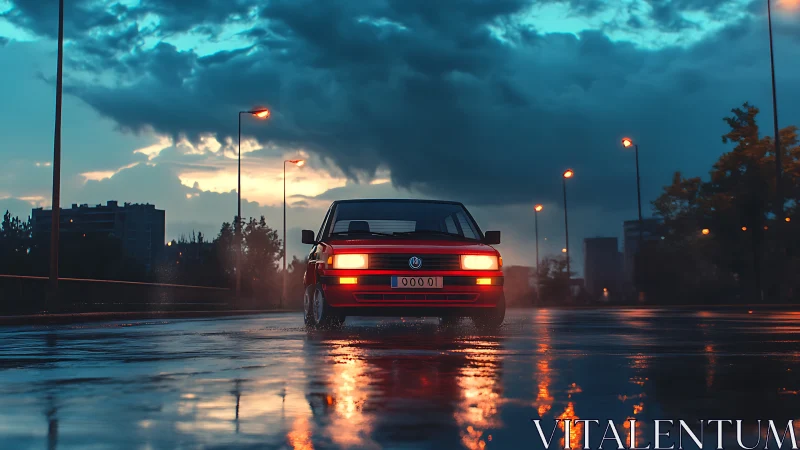 Rain-slicked boulevard crowns a lone red car in neon hush