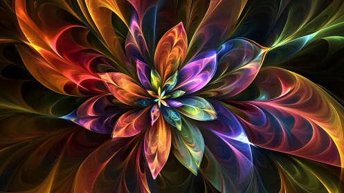 Vibrant fractal flower radiates curved luminous petals outward