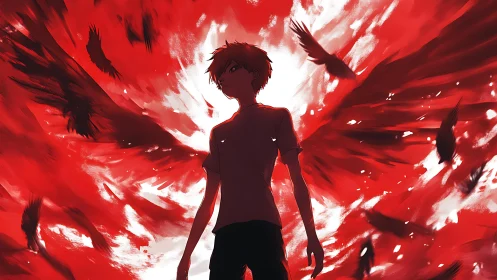 Backlit anime silhouette with explosive red winglike energy field