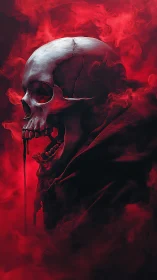 Bleeding skull in red smoke with dark hooded figure.