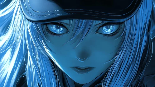 Starlit eyes cut through cobalt shadows beneath the cap